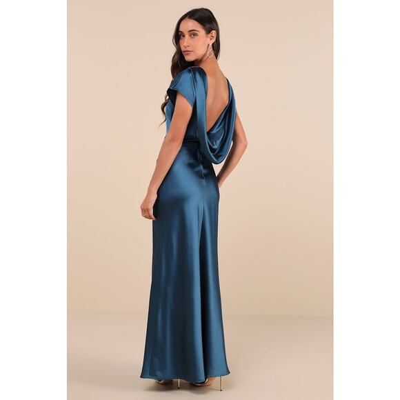 Lulus NWT Captivating Presence Dark Teal Satin Cowl Back Maxi Dress Medium - Picture 1 of 10